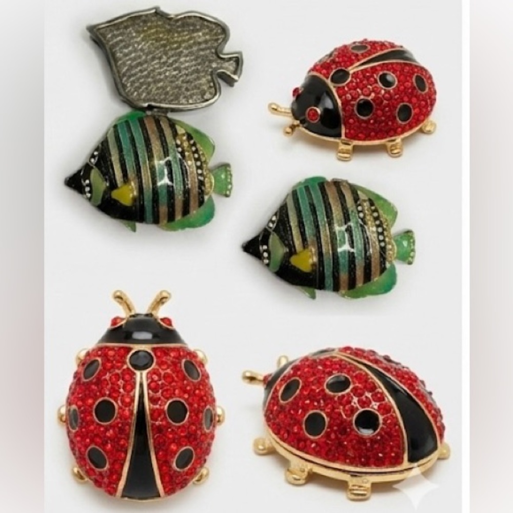 Enameled Trinket Box Bundle Tropical Fish & Ladybug Bejeweled Crystal Magnetic